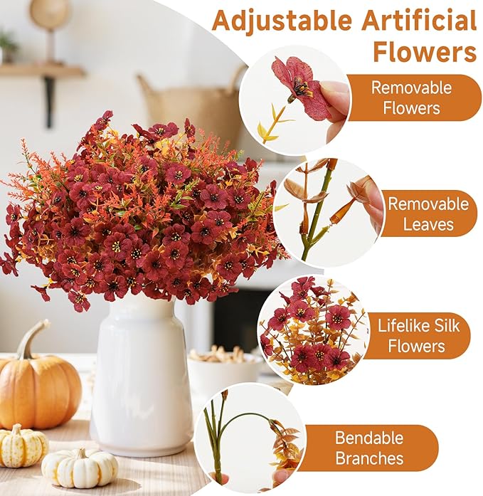 SHareconn 48 Bundles Artificial Fall Flowers for Outdoors Decoration, UV Resistant Silk Eucalyptus Lavender Faux Autumn Fake Plants for Outside Indoor Garden Yard Porch Home Decor, Orange Brown