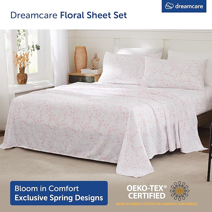 DREAMCARE Twin Sheets - Cooling Bed Sheets - Twin Sheet Set - Soft & Long Lasting 100% Fine Brushed Floral Blossom Sheets