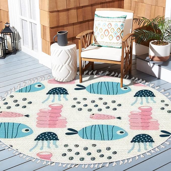 Ocean Beach Area Rugs Funny Fish Scandinavian Marine Animal Theme Round Boho Area Rug Linen Carpet Playmat Washable Hallway Runner Mat for Nursery Kid Room Bedroom Decoration Children Gift 4ft