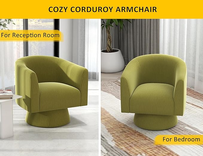 Swivel Accent Chair, Modern 360° Barrel Chair, Corduroy Upholstered Single Sofa for Living Room, Bedroom(Green)
