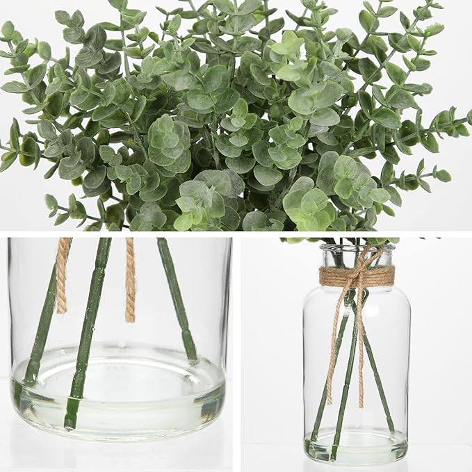 Briful Artificial Eucalyptus Stems in Clear Glass Vase with Faux Water, 14" Fake Plant Eucalyptus Leaves for Home Farmhouse Wedding Bathrooom Decor