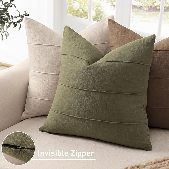 Decorative Linen Throw Pillow Covers 18x18 Set of 2 Solid handcrafted Striped Cushion Covers for Bed Soft Modern Farmhouse Neutral Pillowcase for Couch Bedroom Living Room Home Decor(Olive Green)