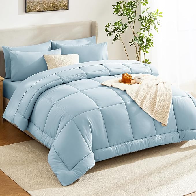 CozyLux Twin XL Comforter Set Light Blue, 5 Pieces Twin Extra Long Bed in a Bag for College Dorm, All Season Bedding Set with Stitch Quilted Comforter, Flat Sheet, Fitted Sheet, Pillowcases