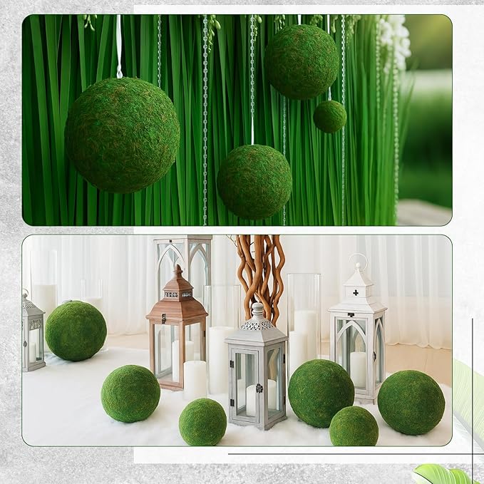 4 Pcs Large Green Moss Balls Artificial Moss Balls Spring Vase Bowl Fillers Hanging for Spring Home Wedding Garden Farmhouse Autumn Table Centerpieces Indoor Outdoor Decor (7.9'',5.9'')