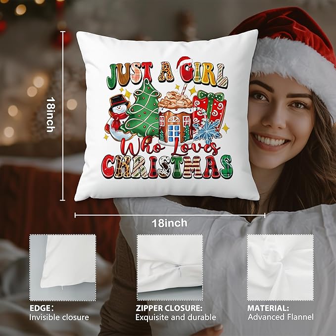 Just a Girl Who Loves Christmas Pillow Covers 18x18, Trendy Xmas Pillow Covers for Couch, Christmas Decorations for Living Room, Bedroom Home