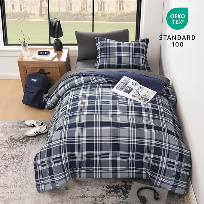 MaiRêve Navy Blue Twin XL Comforter Set, Twin XL Bedding Sets for Boys Girls 5 Pieces for Dorm Farmhouse All Season Lightweight &Comfy with Fitted Sheet, Flat Sheet (Navy Blue, Twin XL, 66"x90")