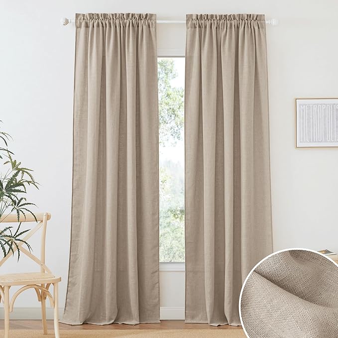 RYB HOME Extra Long Linen Curtains for Dining Room 120 inches Long, Farmhouse Light Filtering Privacy Lightweight Floor Sweeping Drapes for Living Room, Khaki, 52" W, 2 Panels