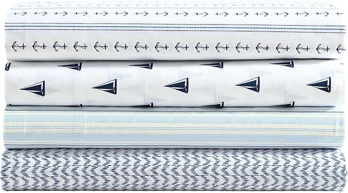 Nautica - Sheets, Cotton Percale Bedding Set with Matching Pillowcases, Crisp & Cool, Deep Pocket (Windtale Boat Navy, Full)