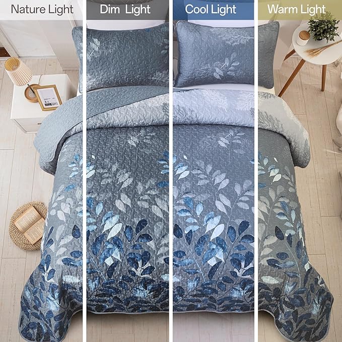 WONGS BEDDING Blue Quilt Set Queen Size,3 Pieces Navy Blue Floral Bedspread Coverlet Set,Soft Microfiber Lightweight Grayish Blue Gradient Floral Bedding Set Queen 96"x90"