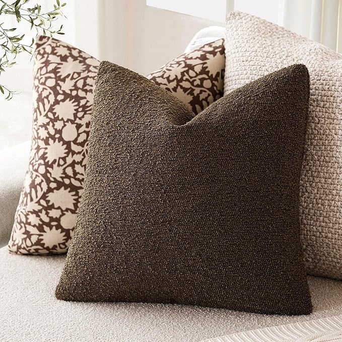 Foindtower Decorative Textured Boucle Throw Pillow Covers Accent Solid Pillow Cases Neutral Soft Cozy Couch Cushion Case for Chair Sofa Bedroom Living Room Home Decor 24x24 Inch,1PC,Chocolate