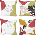 Ambesonne Minimal Throw Pillow Cushion Case Pack of 4, Modern Line Art Woman Portrait Contemporary Leafy Geometric Details, Modern Accent Double-Sided Digital Printing, 24", Olive Green and Dark Coral