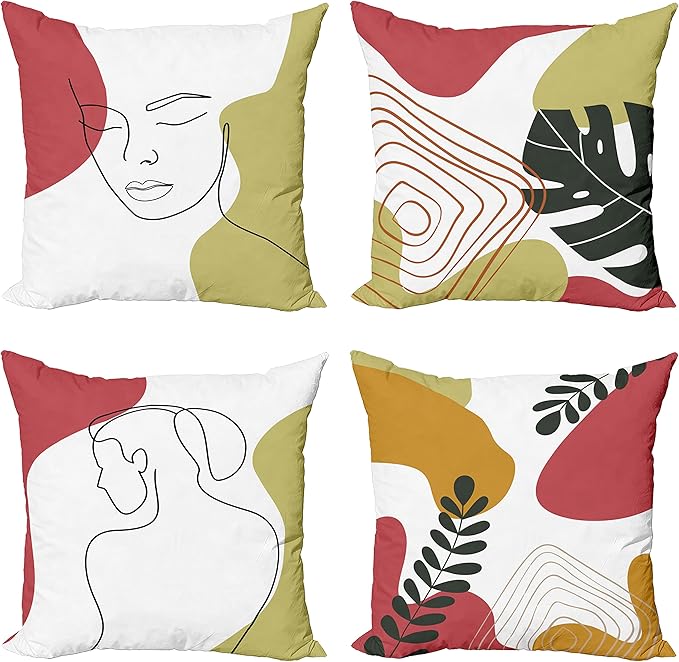 Ambesonne Minimal Throw Pillow Cushion Case Pack of 4, Modern Line Art Woman Portrait Contemporary Leafy Geometric Details, Modern Accent Double-Sided Digital Printing, 24", Olive Green and Dark Coral