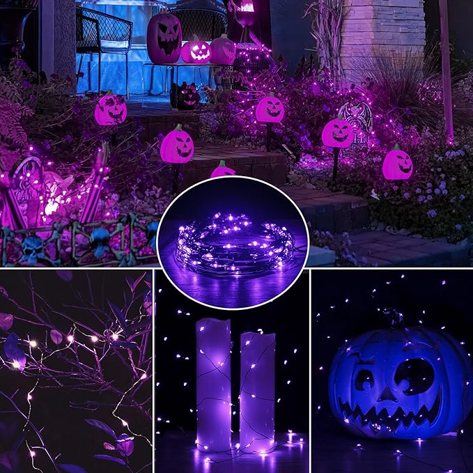 Brightown 24 Pack Fairy Lights Battery Operated, Halloween String Lights Waterproof Black Wire 7 ft 20 LED Firefly Starry Lights for Hallowen Decorations DIY Paper Lantern Craft Pumpkin (Purple)