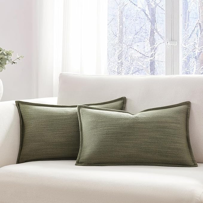 Meekio Set of 2 Olive Green Pillow Covers 12x20, Linen Look Throw Pillow Covers with Flange Edge for Sofa Couch Living Décor