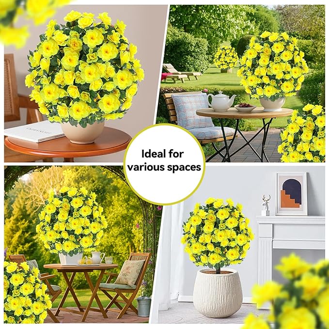 Artificial Boxwood Topiary Ball Trees with Ground Spikes UV Resistant Faux Greenery Shrubs Fake Shrubs for Outdoors, Realistic Faux Plants Bushes for Garden Porch Yard Patio Decor (Yellow)