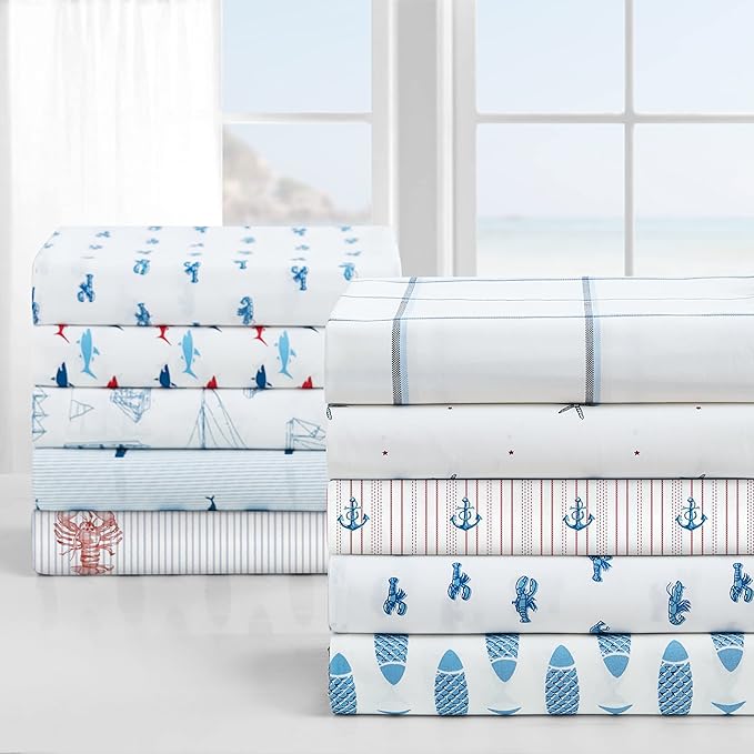 Nautica - King Size Sheets Set, Crisp & Tailored Cooling Sheets with a Smooth Cotton Percale Lightweight Feel - Bed Sheets with Matching Pillowcases & Fitted Sheet (Whale Stripe Blue)
