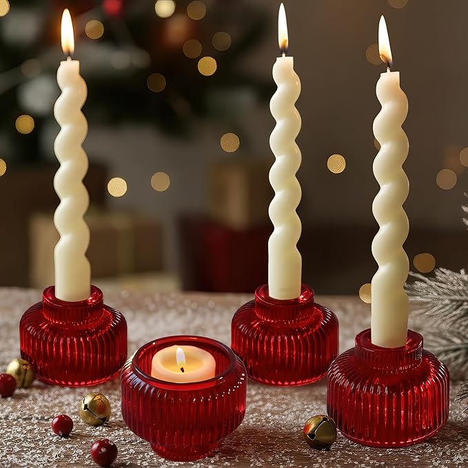 Kate Aspen Red Ribbed Taper Candle Holders for Candlesticks Set of 4, Candlestick Holders, Votive Candle Holder Decor, Red Kitchen Decor, Glass Candlestick Holder,Table Centerpieces, Holiday Accents