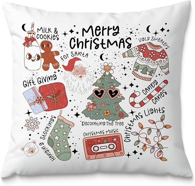 Cute Christmas Throw Pillow Covers 18x18, Retro Santa Milk Cookies Xmas Decor, Decorative Covers for Couch, Living Room Bedroom Home