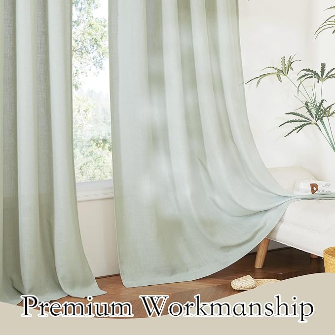 RYB HOME Linen Blend Curtains 72 inch Length for Dining Room Decorative, Thick Heavy Textured Breathable Privacy Assured Wrinkle Resistance Boho, W 52 x L 72 inches, Sage Green, 2 Panels
