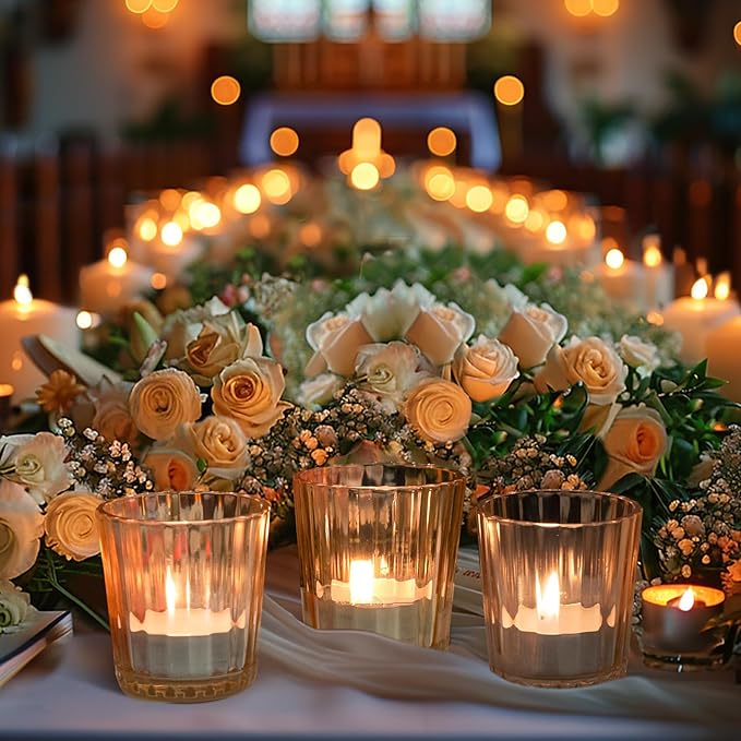 ComSaf Votive Candle Holders, 24 PCS Glass Candle Holders, Ribbed Tealight Candle Holder for Table Centerpieces, Gold Candle Holder for Wedding, Party, Baby Shower, Special Occasions, Fall Home Decor