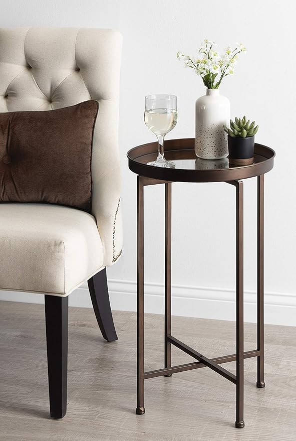 Kate and Laurel Celia Round Metal Foldable Accent Table with Mirror Tray Top, Bronze