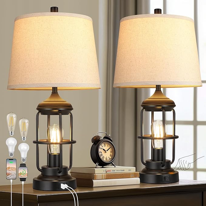 Qimh Table Lamp for Bedroom Set of 2 with USB A+C Ports, Farmhouse Bedside Lamp with Night Light, 3-Way Dimmable Touch Control, Rustic Industrial Nightstand Lamp for Living Room, Bulbs Included, Black
