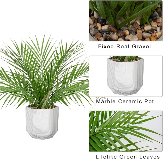 Hollyone Large Artificial Potted Plants Fake Palm Plants 16" Faux Green Plant Plastic Tropical Palm Tree in Marble Ceramic Pots Bohemian for Home Room Office House Indoor Decoration