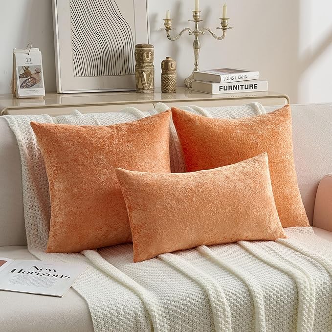 FUTEI Orange Flannel Throw Pillow Covers 24x24 Inch Set of 2,Soft Dimensional Textured European Cushion Cases,Modern Home Decor for Couch Living Room