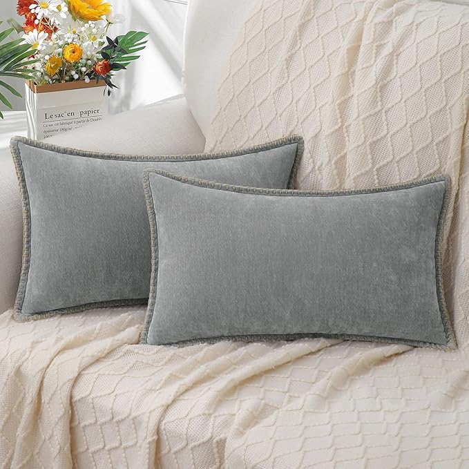 decorUhome Chenille Soft Throw Pillow Covers 12x20 Set of 2, Lumbar Velvet Farmhouse Neutral Decorative Euro Pillow Covers with Stitched Edge for Couch Sofa Bed Home Decor, Neutral Gray