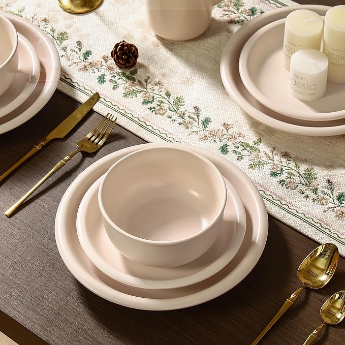 GZG Vintage Series - Ceramic Dinnerware Set for 8, 24 Pieces Stoneware Plates and Bowls Set, Lead-Free, Handcrafted Dishes Set, Microwave & Dishwasher Safe - Cream White