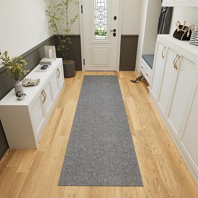 Ottomanson 2'7" x 12' Ultra-Thin Hallway Runner Rug - Durable Non-Slip Carpet for High-Traffic Areas - Fits Under Doors for Seamless Entry - Ideal for Kitchen, Entryway, Bedroom & Living Room, Gray