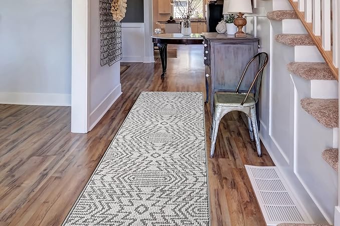 Custom Size Southwestern Style Runner Rug Mat for Wide Hallway Entryway Kitchen Laundry Room with Slip Resistant Latex Rubber Backing, Inca Grey, 31 inch X 10 feet