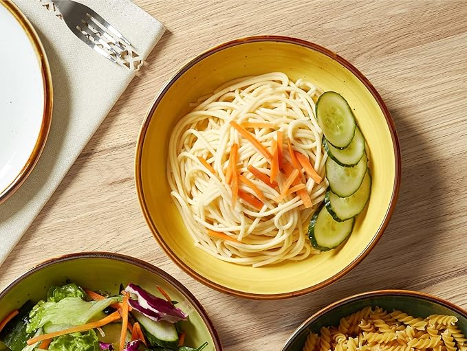 ONEMORE Porcelain Pasta Bowl 30 Oz, Large Ceramic Salad Serving Bowl/Oven, Set of 6 Kitchen Dinnerware, Microwave and Dishwasher Safe, Easy to Clean, Yellow