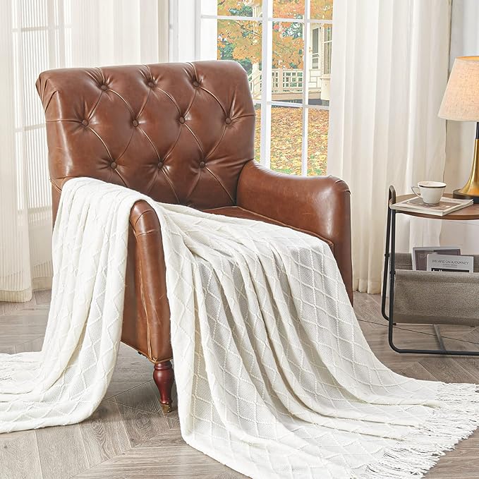inhand Knitted Throw Blanket for Couch and Bed, Soft Living Room Home Decor Knitted Blanket with Tassel, Outdoor Lightweight Breathable Summer Blanket, Farmhouse Warm Woven Decorative, 50"x60"