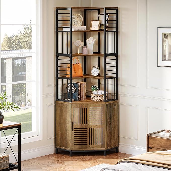 Tribesigns Tall Corner Storage Cabinet, 77.76-Inch Industrial Corner Shelf with Door, 7-Tier Metal Bookshelf Storage Bookcase Display Shelving Unit for Living Room, Rustic Brown