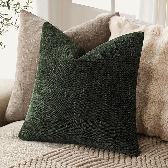 Foindtower Pack of 2 Soft Textured Chenille Throw Decorative Pillow Covers Square Accent Solid Cushion Cover Neutral Farmhouse Pillow Case for Couch Sofa Bedroom Living Room 24x24 Inch,Dark Green