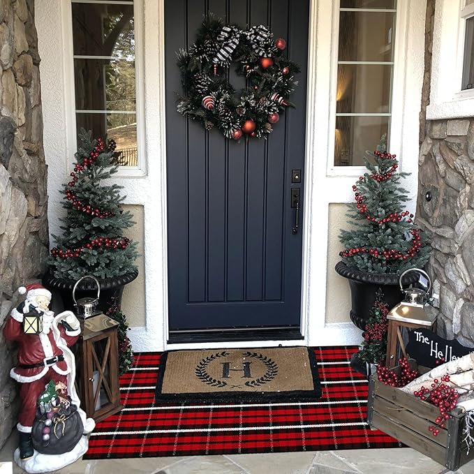 Christmas Plaid Outdoor Rug, 2' x 4'3'' Red & Black Check Indoor/Outdoor Area Rug, Layering Rug for Hello/Welcome Door Mat, Machine Washable Cotton Woven Farmhouse Mat for Front Porch Décor