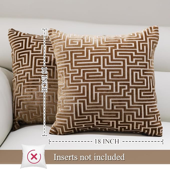 HPUK Geo Cut Velvet Throw Pillow Covers Pack of 2, 18x18 Inch Accent Cushion Covers for Living Room, Bedroom, Decorative Pillow Covers for Couch, Sofa, Chair, Brown