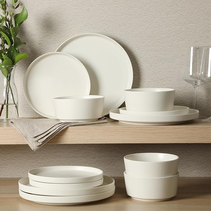 Gibson Home Dempsey Road 12-Piece Stoneware Dinnerware Set – Service for 4, Round White Plates and Bowls, Durable Solid Color Modern Embossed Dish Set, Microwave & Dishwasher Safe