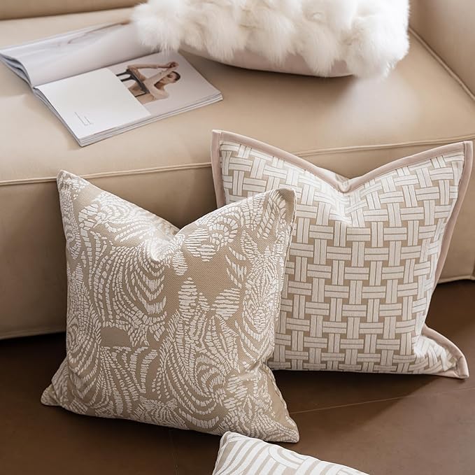 Premium Throw Pillow Covers 20x20 Inches - Framed Oatmeal Woven Whisper Grid Chenille Jacquard Embroidery Decorative Couch Pillow Covers for Living Room Bedroom Sofa