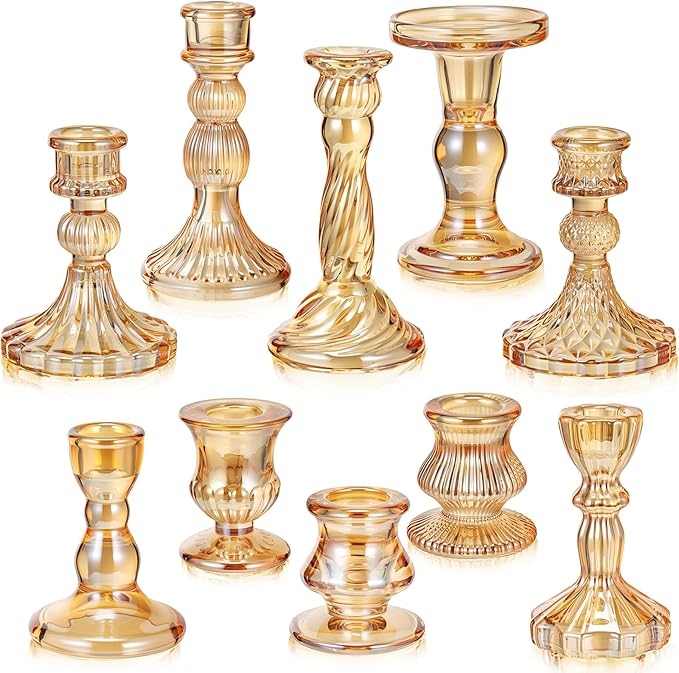 Mumufy 10 Pcs Glass Crystal Taper Candle Holders Clear Glass Candlestick Holder Fit 0.8 Inch Candles Crystal Decorative Candle Stand Centerpiece Table Wedding Dining Party (Classic,Gold)