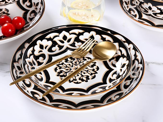 12 Pcs Porcelain Dinnerware Set for 4, Halloween-Themed Brown Floral Embossed Plates and Bowls, Euro Style Ceramic Dish Set with Gothic Vine Pattern, Dishwasher and Microwave Safe, QOMO-1996