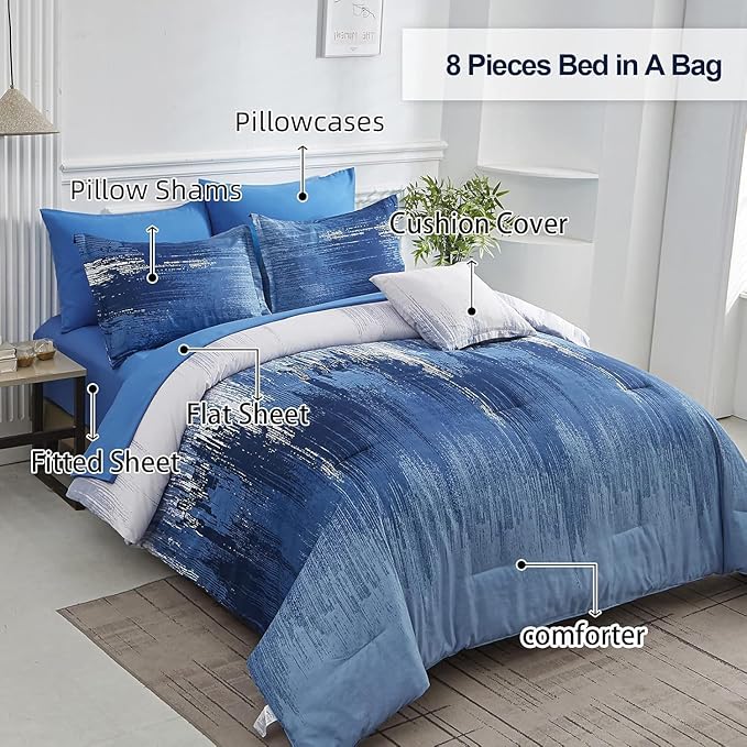 Dinjoy Ombre Blue Comforter Set Twin Size Reversible Gradient Blue Grey Boho Bedding Set for Men Women 7 Pieces Bed in A Bag Bohemian Bed Set with Comforter, Sheets, Pillowcases & Shams