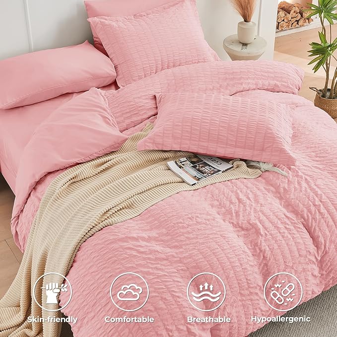 HYMOKEGE Rose Pink Twin XL Comforter Set Seersucker 5 Pieces, All Season Luxury Bed in a Bag for Bedroom, Bedding Set with Comforter, Sheets, Pillowcase & Sham