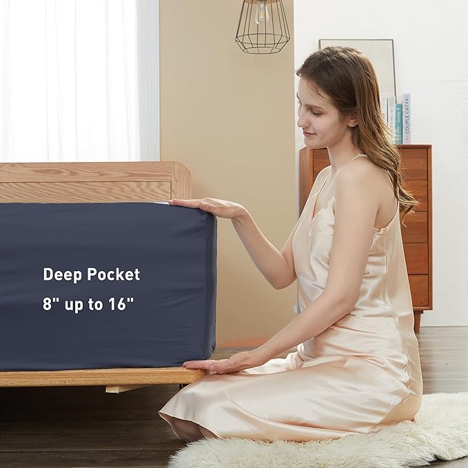 Sunflower Twin Fitted Sheet, 1-Piece Deep Pocket Fitted Bottom Sheet 15", 100% Cotton Sateen Soft Breathable, Blue Indigo