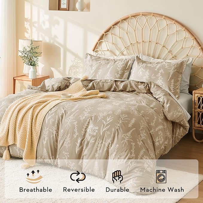 MUXHOMO Taupe Full Comforter Set, Elegant Floral Print Bed in a Bag 7 Pieces, Ultra Soft & Breathable Reversible Botanical Pattern Bedding Set with Comforter, Sheets, Pillowcases, and Shams