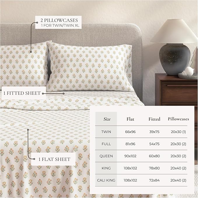 Great Bay Home Flannel Sheet Set Queen Size - 100% Turkish Cotton, Double-Brushed, Winter Floral Bed Sheets - Ultra-Soft, Cozy, 4-Piece Bedding Set (Flowerbuds)