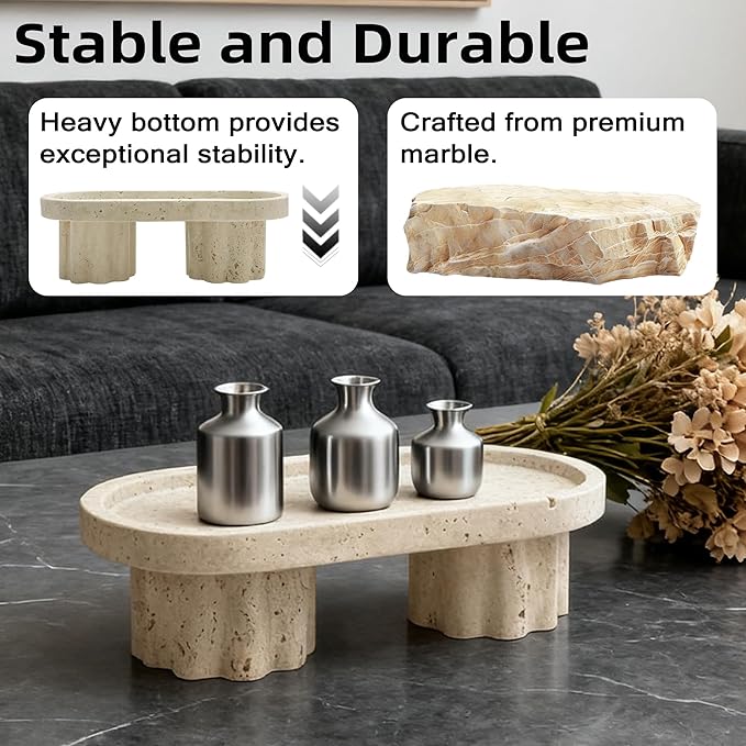 Natural Travertine Marble Oval Tray with 2 Legs, Vanity Decorative Tray for Perfume, Candles, Jewelry Dish,Countertop Storage Organizer for Home Decor (Beige)
