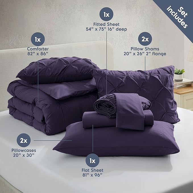 Nestl All Season Comforter Set and Bedding - Purple, 7 Piece - Pinch Pleated, Bags for Full Size Bed, Sheets, Comforter, Pillowcases, Shams