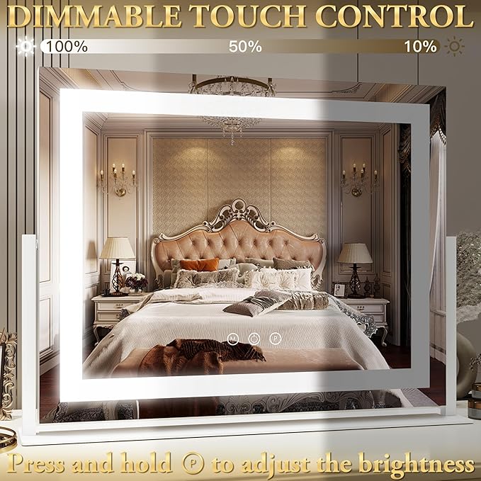 FENNIO Vanity Mirror with Lights 22''x18'' Makeup Mirror with Lights,Lighted Makeup Mirror with 10X Magnification and USB，Smart Touch Screen with 3-Color Lighting,Dimmable（Square White）